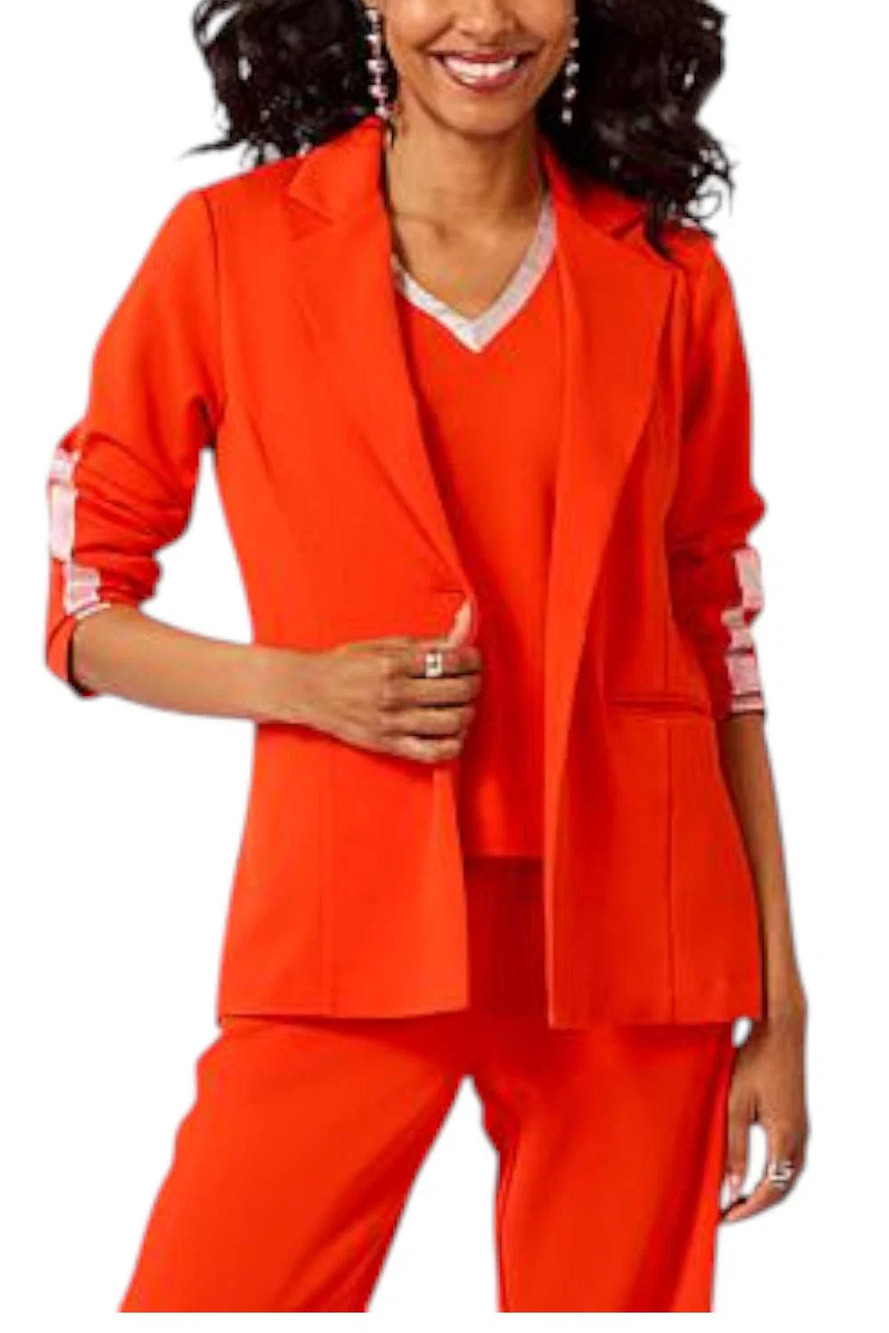 Vivica A. Fox Luxe Crepe Knit Blazer w Metallic Trim Hot Orange - Regular